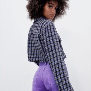 Zara Purple Tweed Cropped Blazer Jacket Size Medium Textured Blogger Favorite